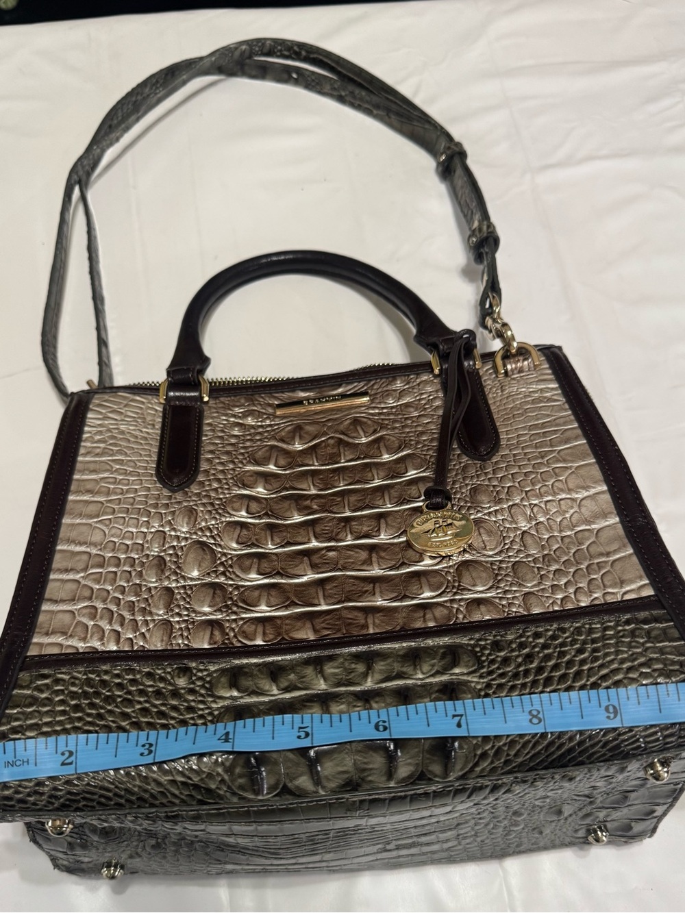 Brahmin Caroline Silver Taupe, Olive & Dark Brown Croc-Embossed Satchel - Picture 7 of 9